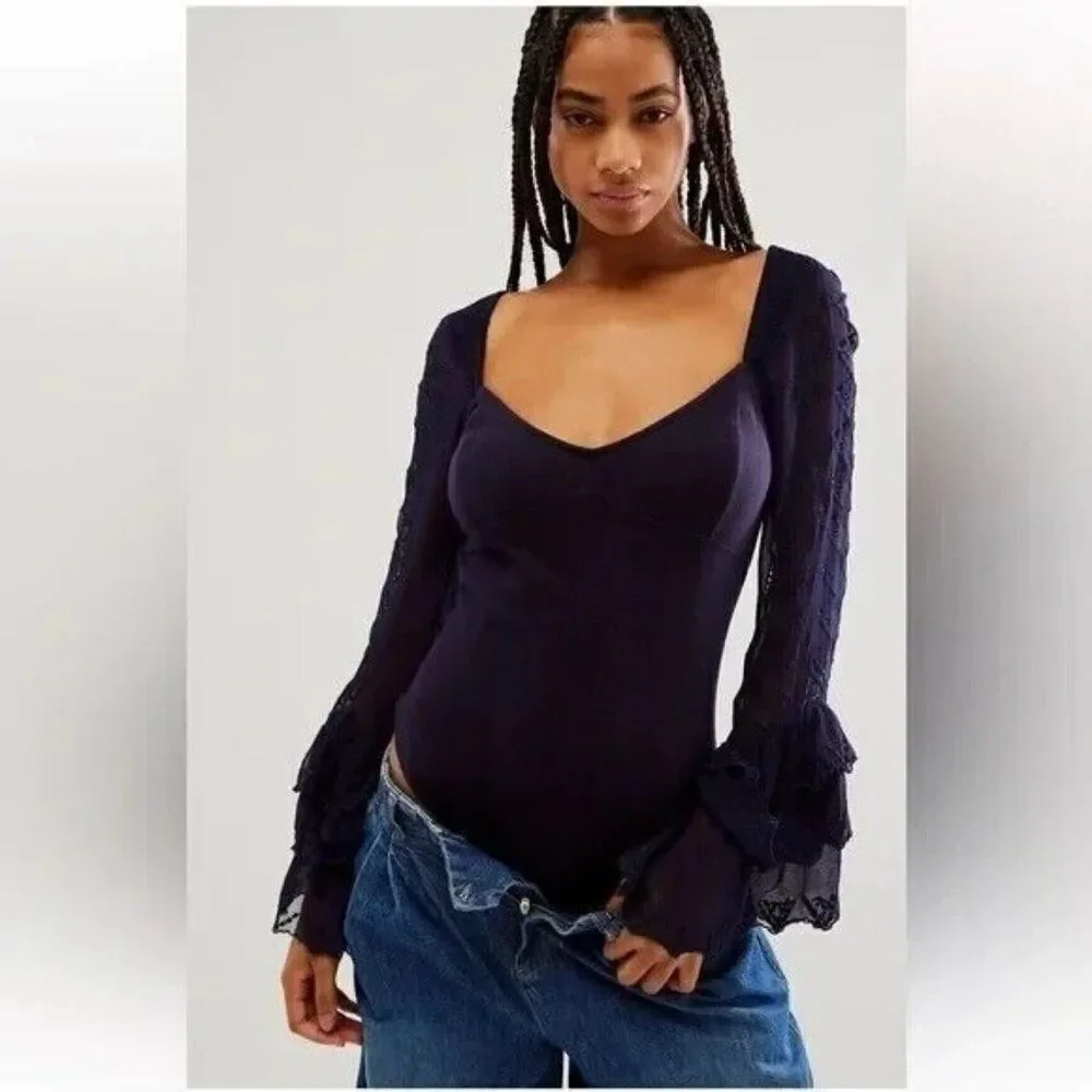 Free People Enchanted By You Bodysuit Womens Medium Navy Ruffle Sleeve V Neck